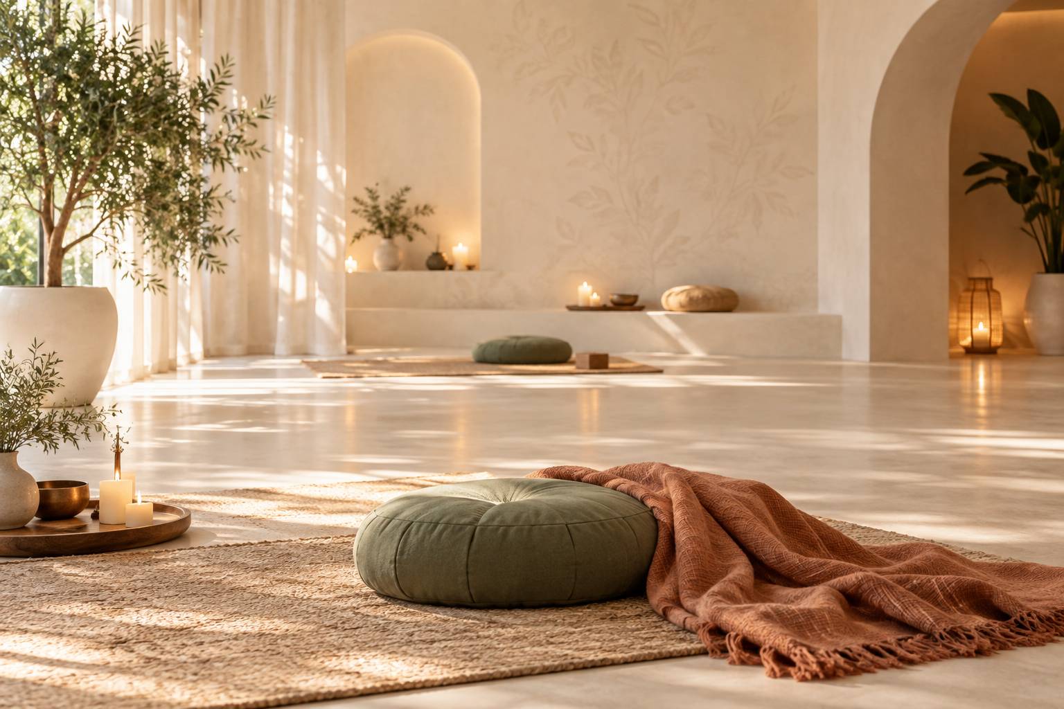 Interieur calme avec bougies, coussin et plaid poses au sol