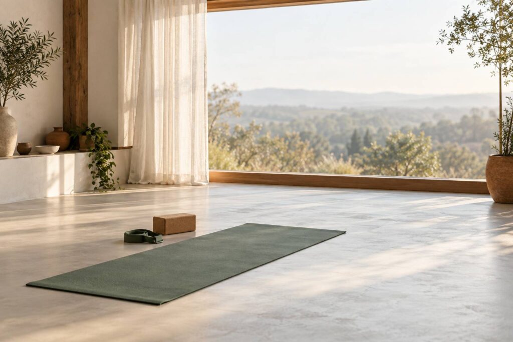 Salle de yoga vide et lumineuse avec un tapis deroule seul au sol