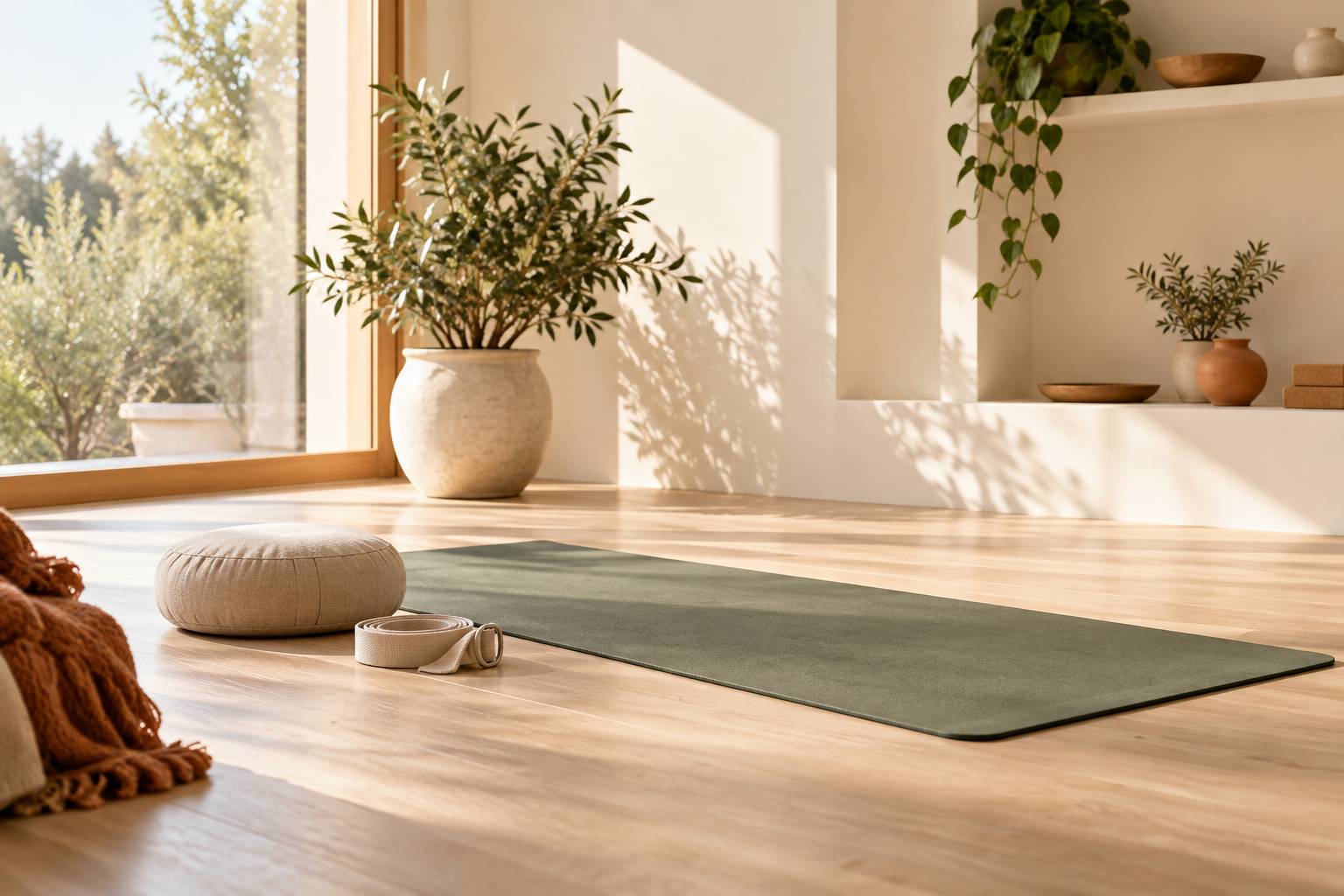 Tapis de yoga pose pres d'une fenetre avec coussin et sangle