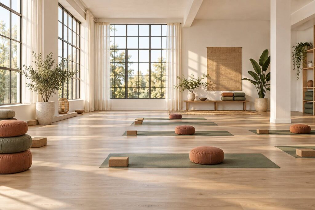 Studio de yoga clair avec tapis alignés et coussins de méditation