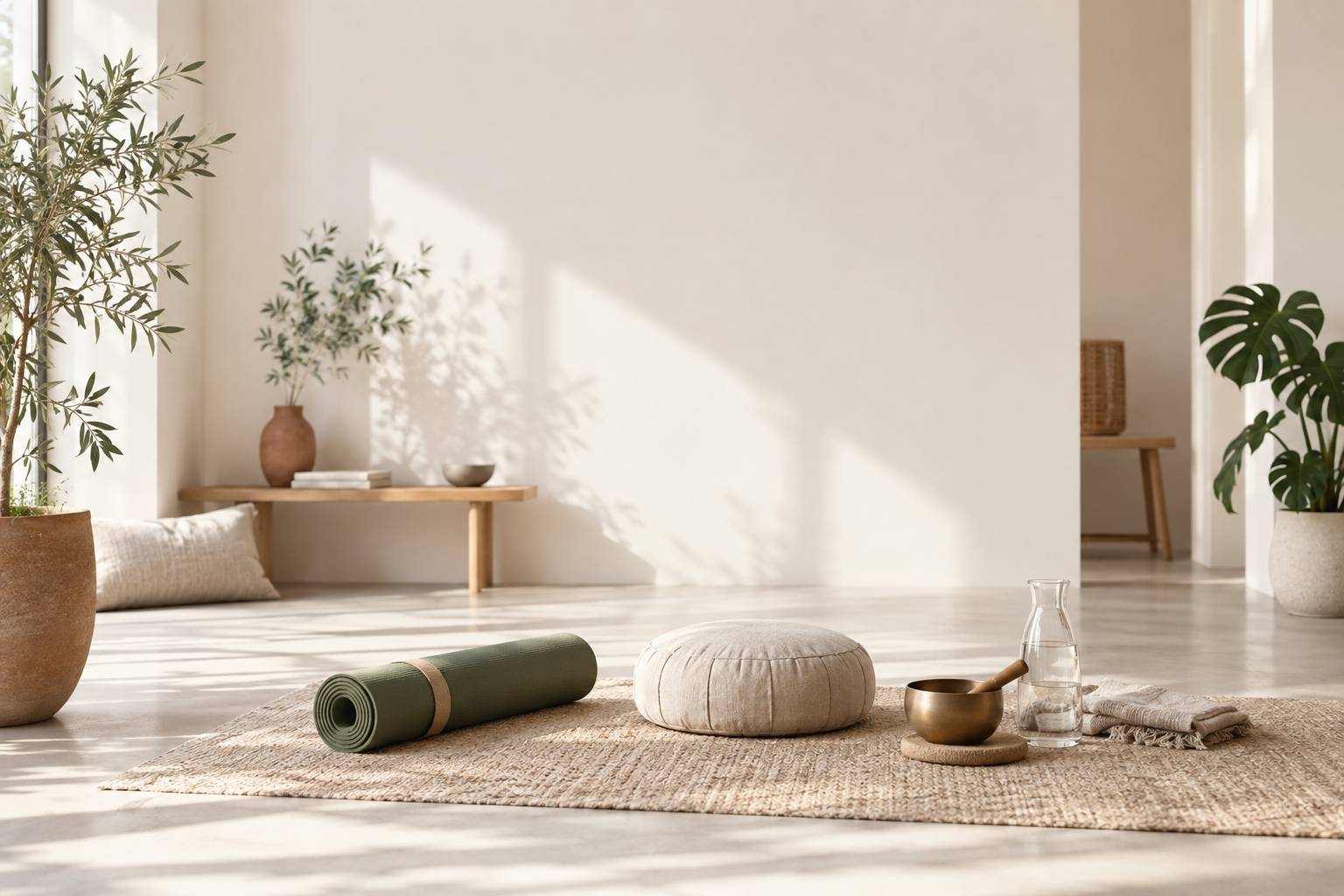 Coin de méditation avec tapis roulé, coussin rond et bol chantant
