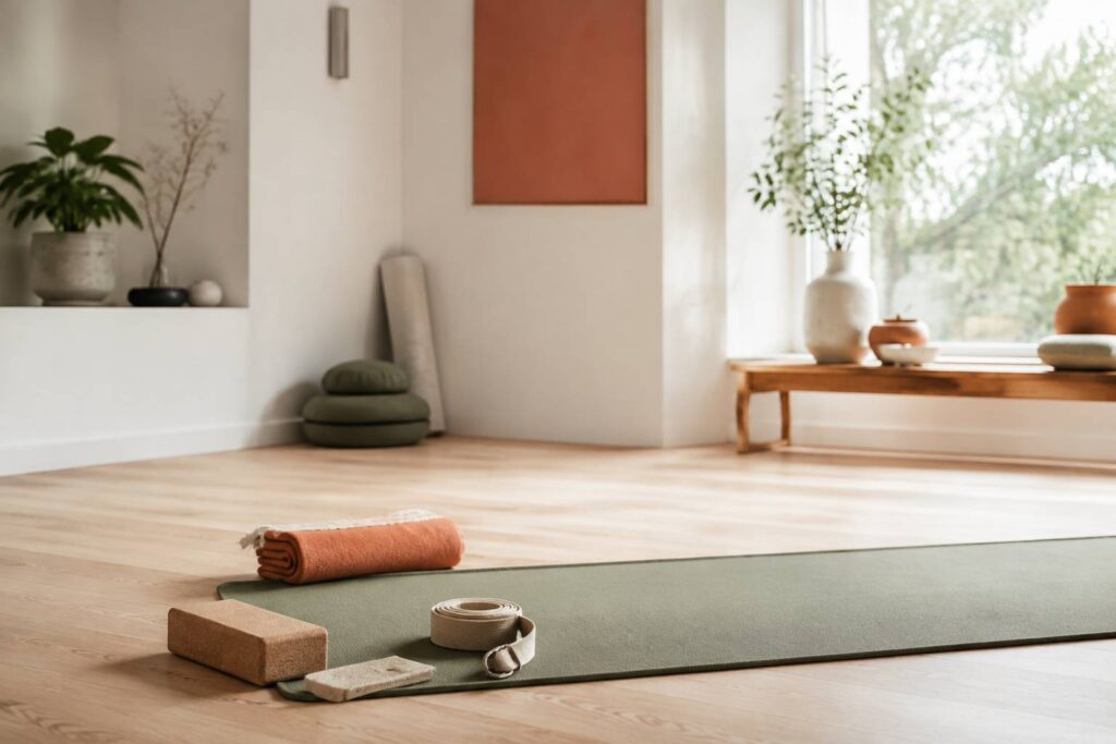 Tapis de yoga déroulé avec blocs en liège et sangle dans une salle lumineuse et calme