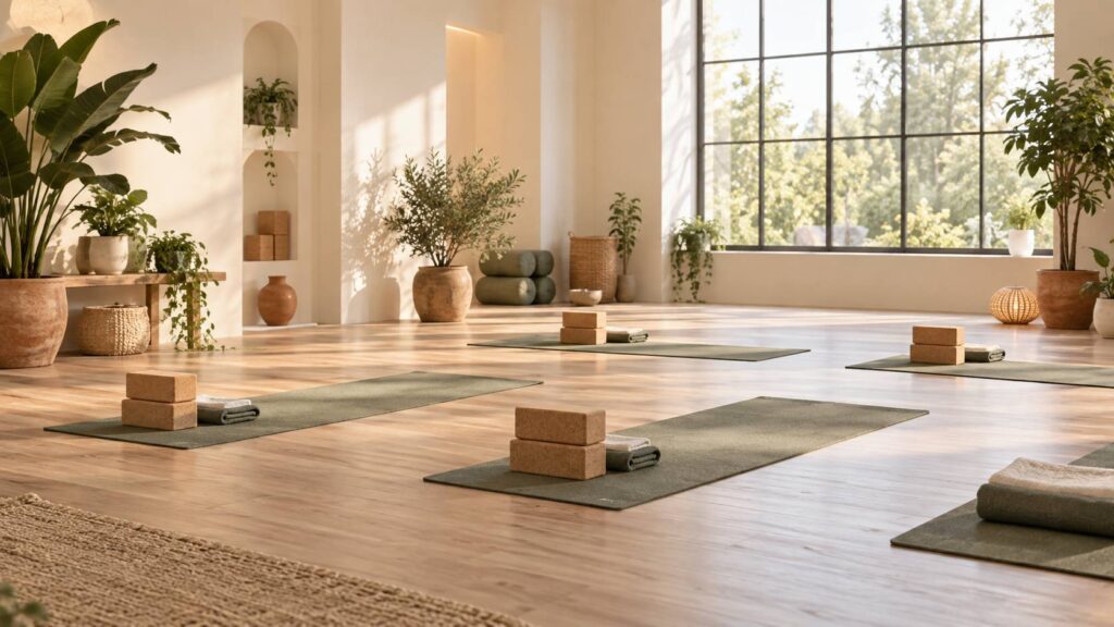 Studio de yoga vide avec tapis déroulés et briques empilées