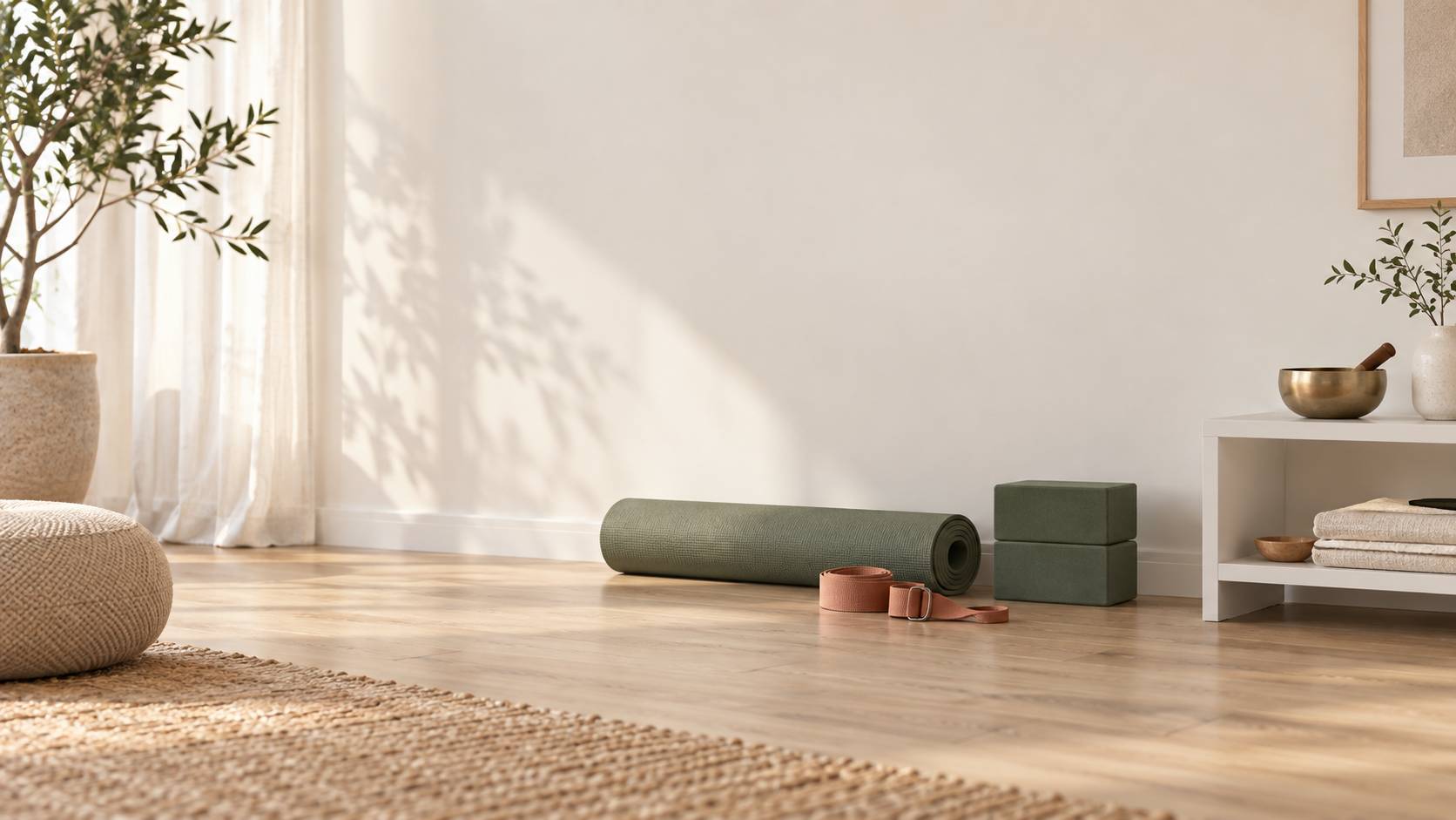 Coin de pratique avec tapis roulé, sangle et briques de yoga