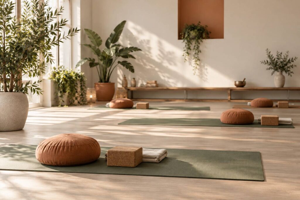 Studio de yoga lumineux avec tapis déroulés et plantes vertes au matin