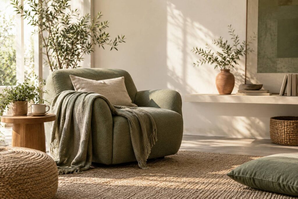 Espace de détente lumineux avec fauteuil, tasse de thé et plante près d'une fenêtre