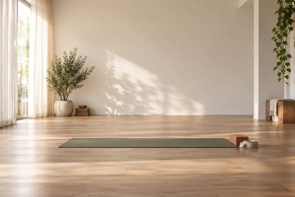 Studio de yoga clair avec tapis deroule, brique et sangle au sol