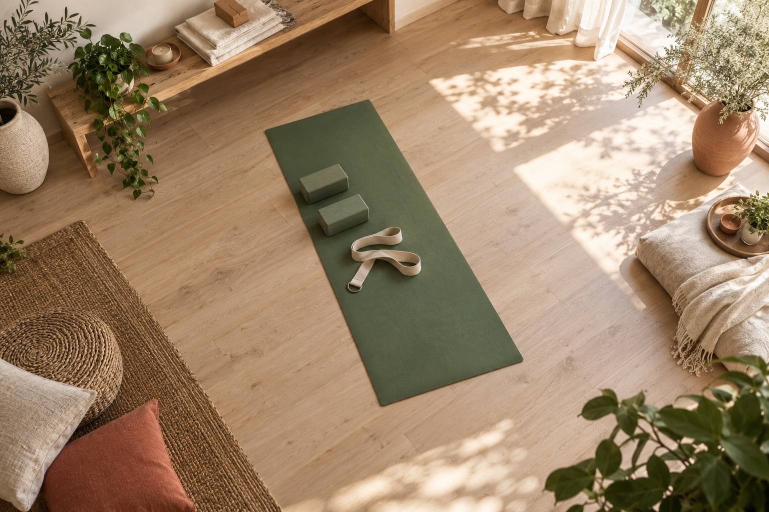 Tapis de yoga deroule avec briques et sangle sur un parquet clair