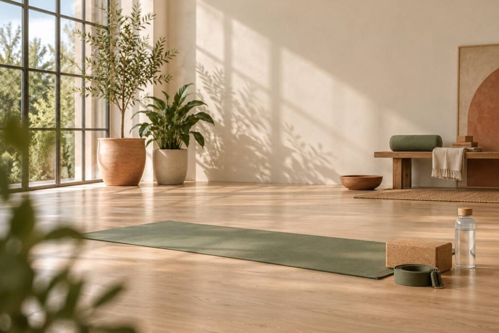 Tapis de yoga, bloc de liège et sangle dans un studio lumineux