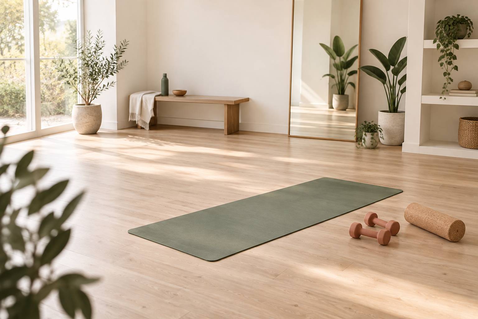Tapis, haltères légers et rouleau de massage dans une salle d'entraînement