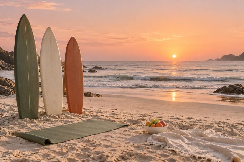 Planches de surf planteese dans le sable a l'aube avec tapis de yoga et bol de fruits