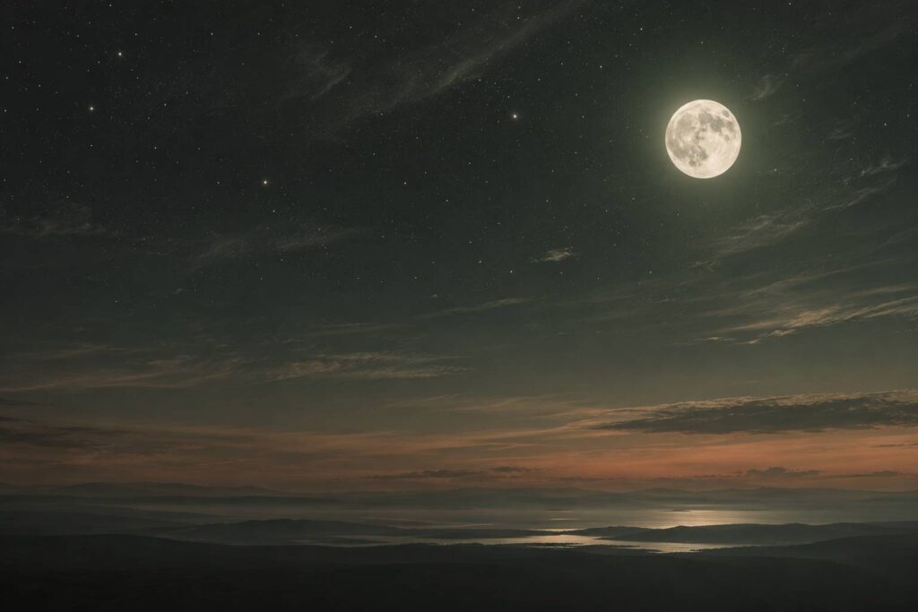 Pleine lune lumineuse dans un ciel nocturne degage, ambiance contemplative