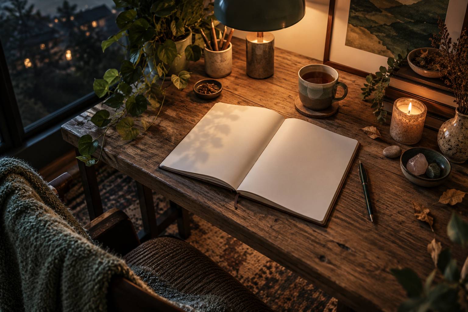 Bureau cosy au crepuscule avec carnet, bougie et pierres naturelles