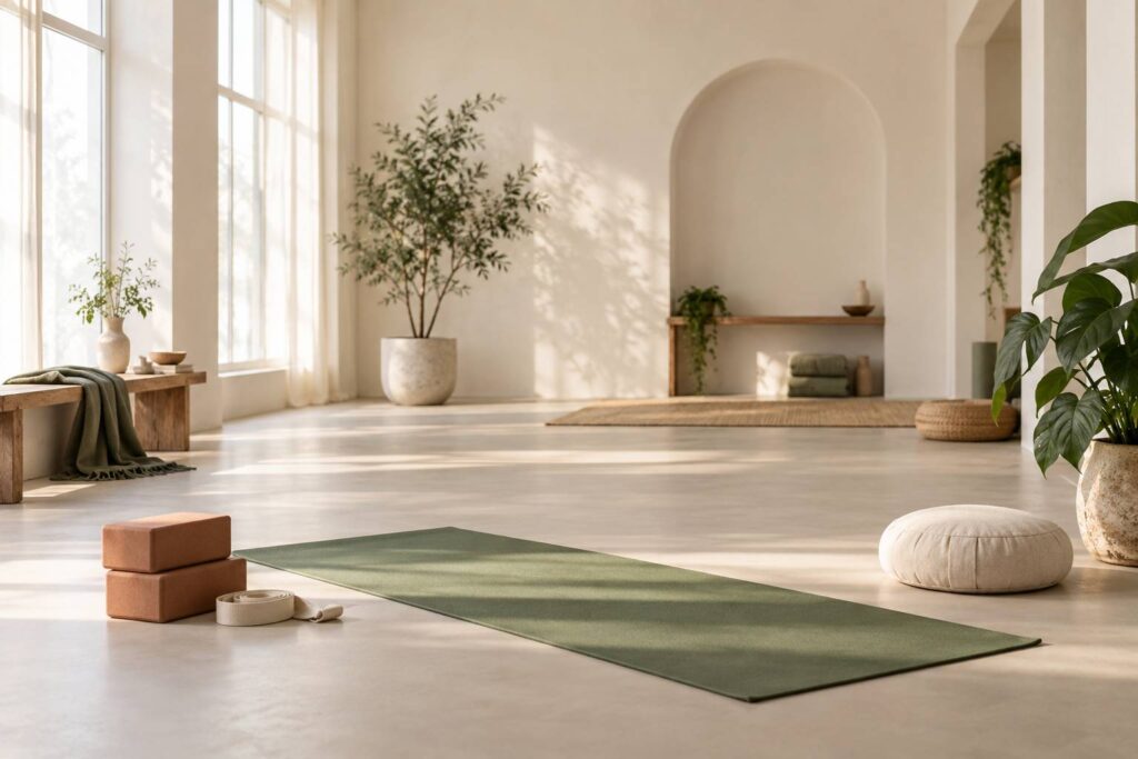 Salle de yoga claire avec tapis deplie et accessoires