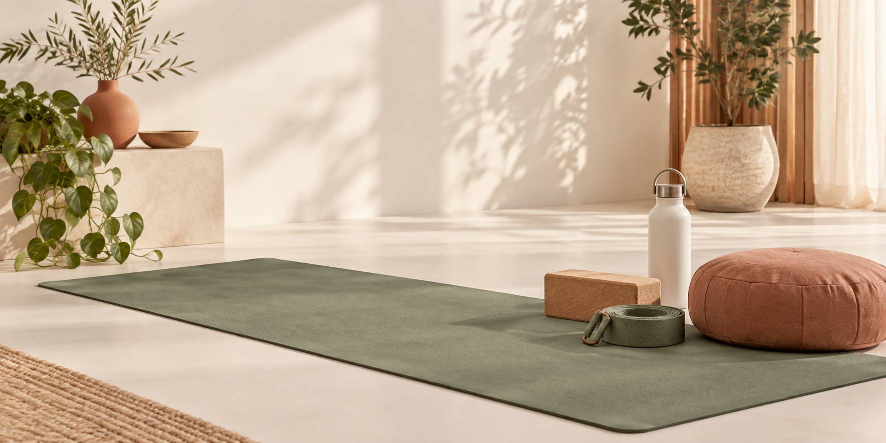 Tapis de yoga avec sangle, brique et coussin de meditation