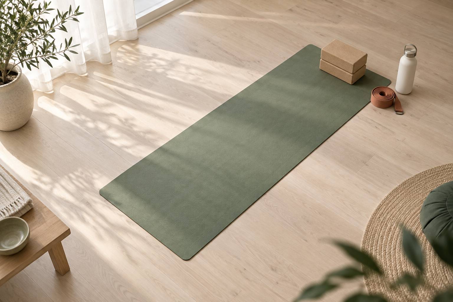 Tapis de yoga avec blocs de mousse et sangle enroulee sur un sol clair