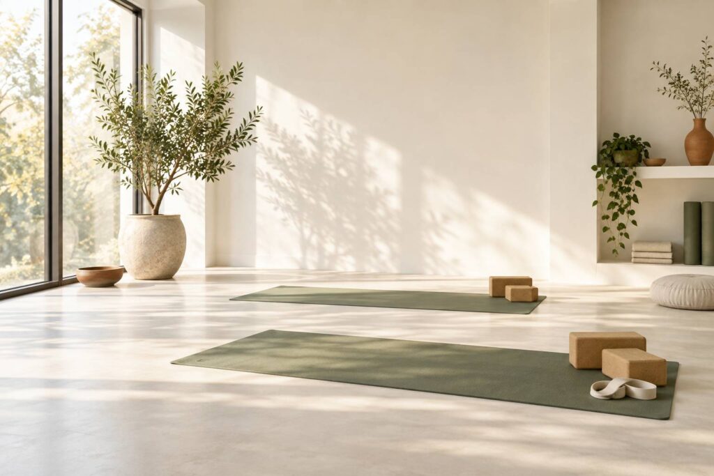 Salle de yoga claire avec tapis, briques et sangle près d'une fenêtre