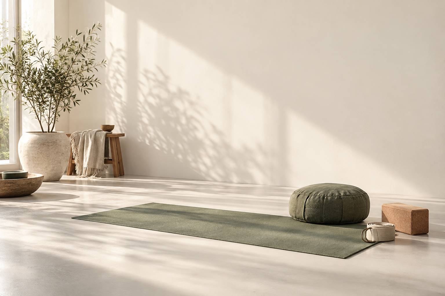 Coin méditation avec tapis, coussin et accessoires de yoga au sol