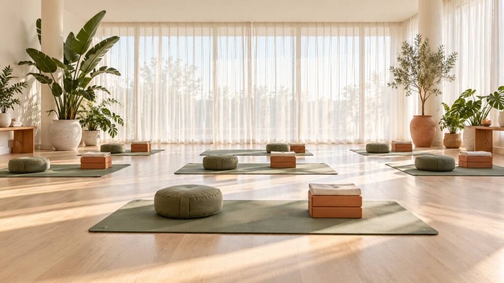 Salle de yoga calme avec tapis déroulés, coussins empilés et grande baie vitrée voilée