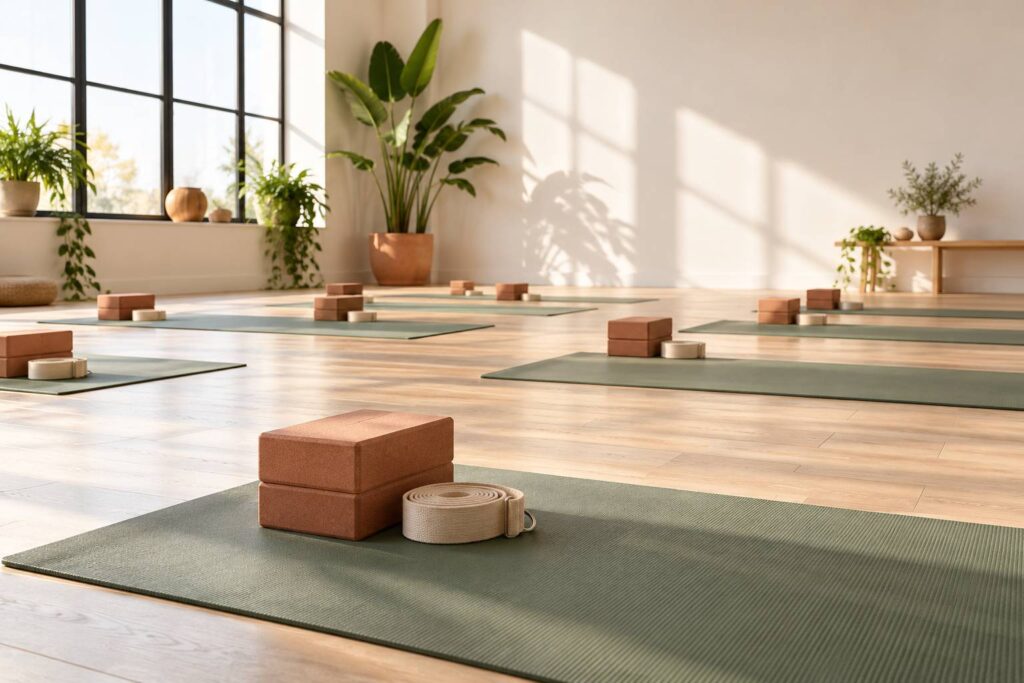 Studio de yoga lumineux avec tapis déroulés, briques de mousse et sangle