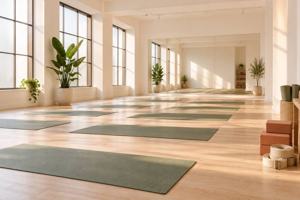 Studio de yoga vide avec tapis déroulés en rangs sur un parquet clair et briques de mousse