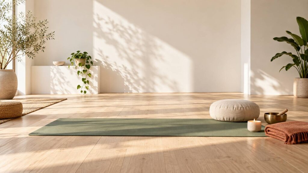 Tapis de yoga déroulé avec coussin de méditation et bougie dans une pièce claire