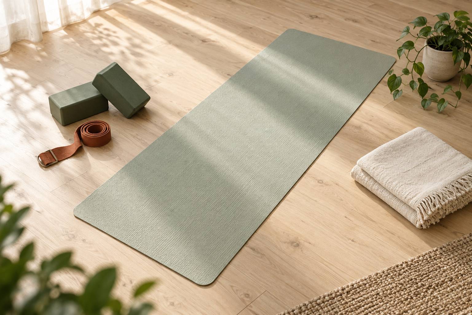 Tapis de yoga avec briques, sangle et couverture dans un studio clair