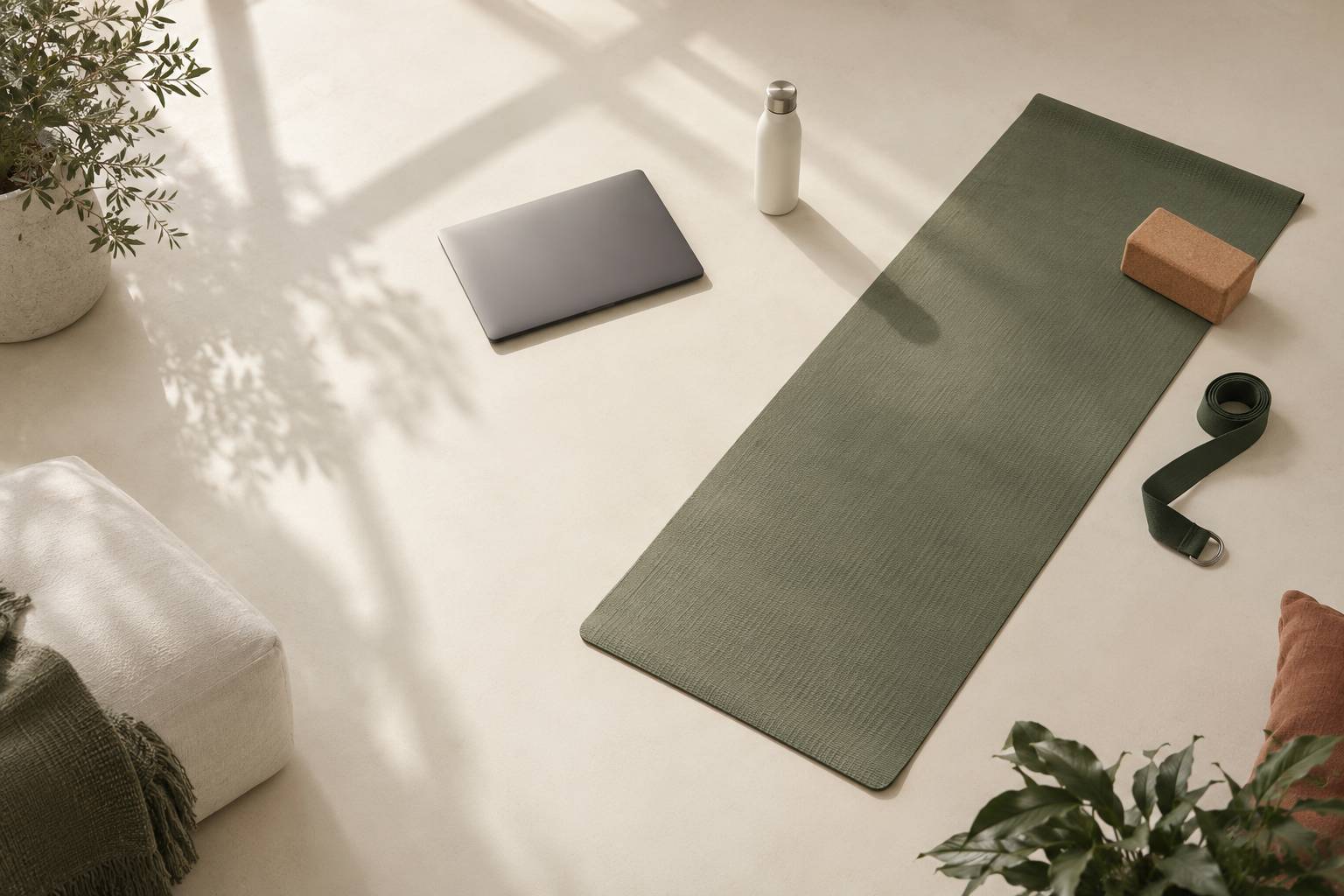 Ordinateur portable pres d'un tapis de yoga et d'un bloc