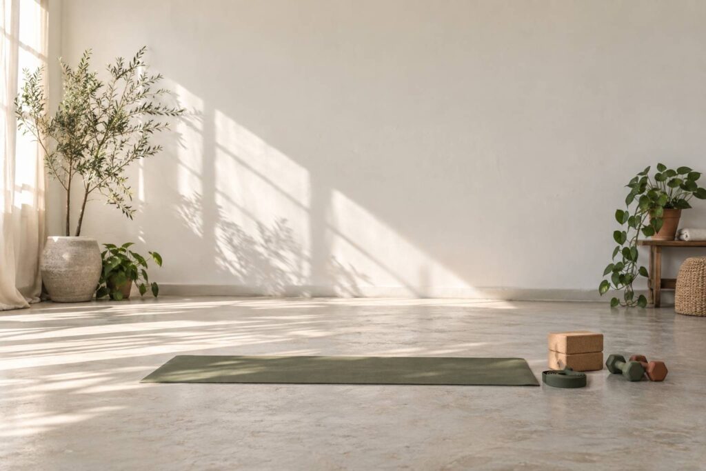 Studio clair avec tapis de yoga et halteres alignes au sol