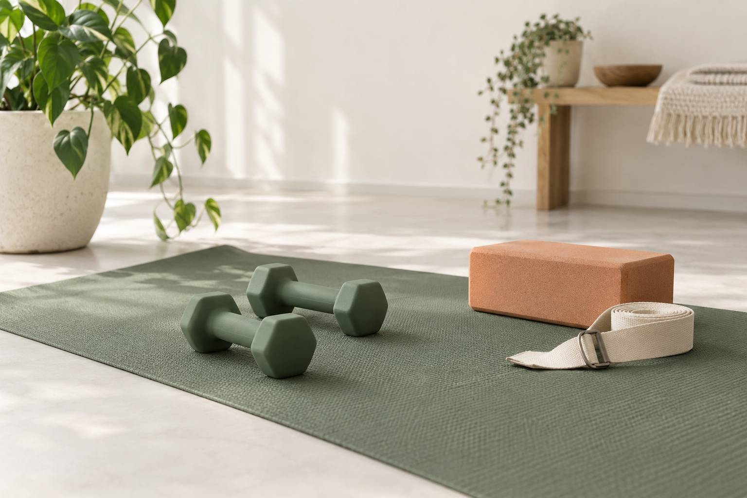 Tapis de yoga et halteres legers poses au sol dans un studio